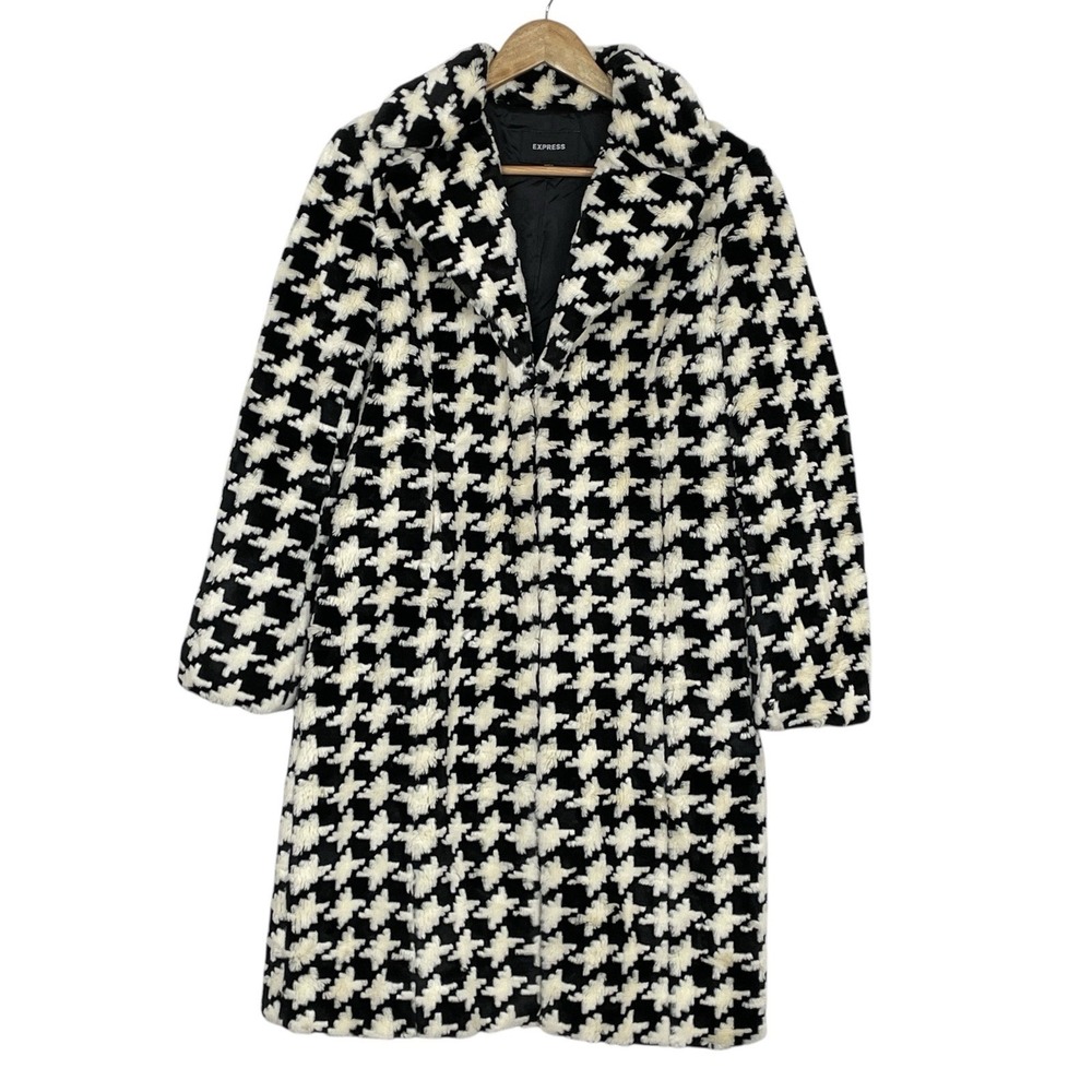 VTG Express Houndstooth Faux Fur Longline Coat Womens 9/10 Black White Statement